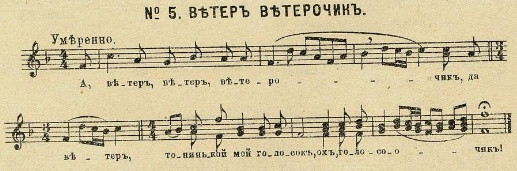 Ноты к русской народной лирической песне "Ветер, ветер, ветерочик, ветер...". Записано Н. С. Тезавровским в 1901 г.